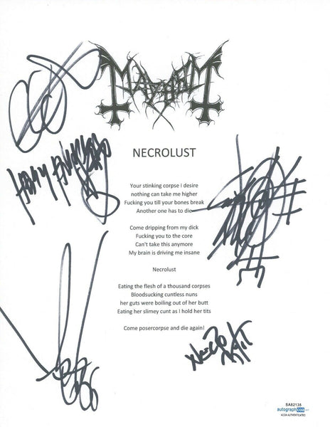 Mayhem Metal Band Signed Necrolust Song Lyric Sheet Attila Csihar +4 ACOA COA