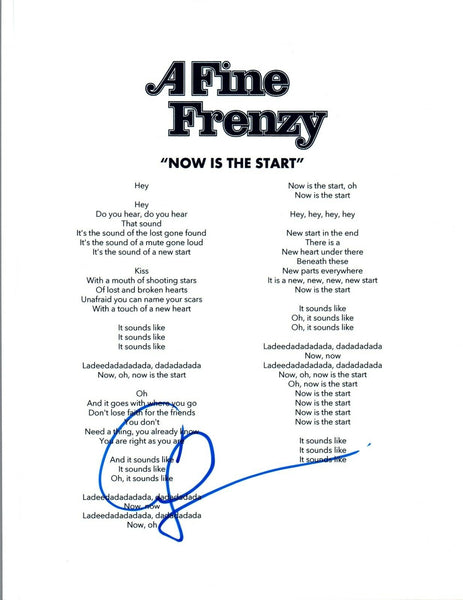 Alison Sudol Signed Autograph A Fine Frenzy Now Is The Start Lyric Sheet COA VD