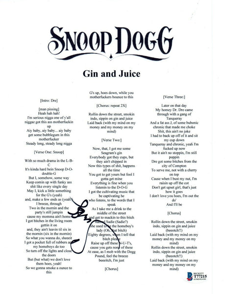 Snoop Dogg Signed Autographed GIN AND JUICE Song Lyric Sheet BAS Beckett COA