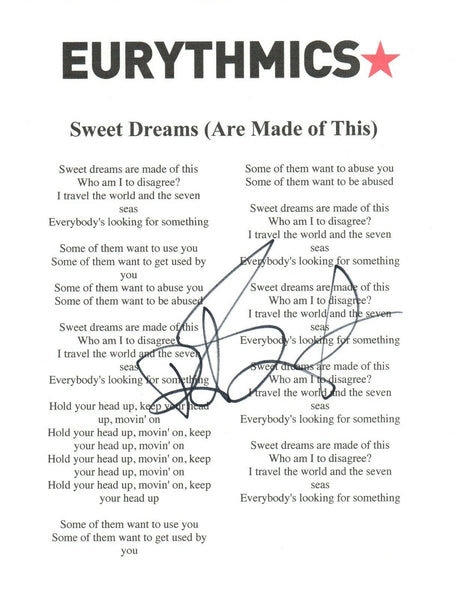 Dave Stewart Signed Eurythmics Sweet Dreams Are Made Of This Lyric Sheet COA