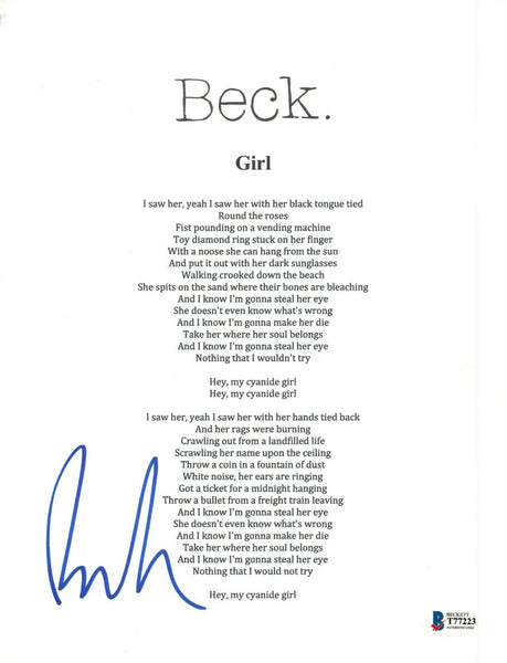 Beck Hansen Signed Autographed GIRL Song Lyric Sheet Beckett BAS COA