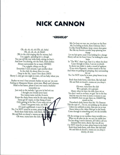 Nick Cannon Signed Autographed "Gigilo" Lyric Sheet COA VD