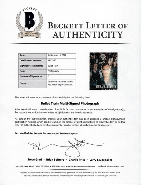 Brad Pitt & Aaron Taylor-Johnson Signed 11x14 Photo Bullet Train Beckett COA