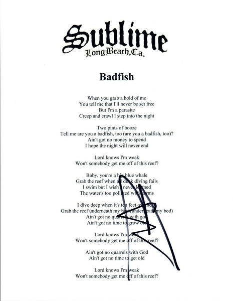 Eric WIlson Signed Autographed Sublime BADFISH Song Lyric Sheet COA