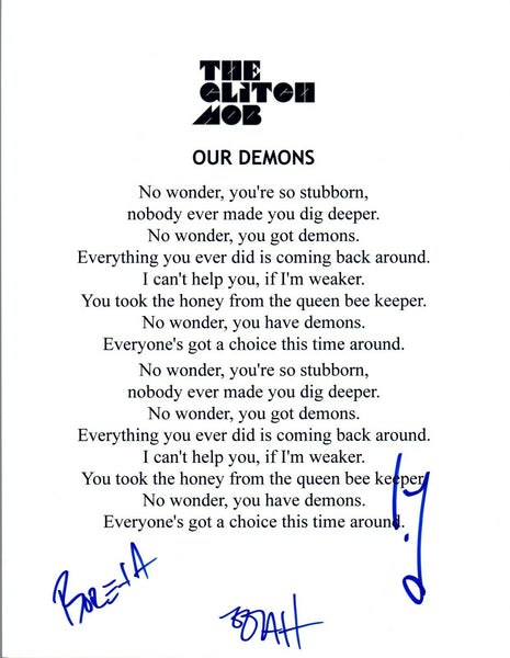 The Glitch Mob Signed Autographed "Our Demons" Lyric Sheet COA VD