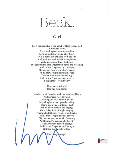 Beck Hansen Signed Autographed GIRL Song Lyric Sheet Beckett BAS COA