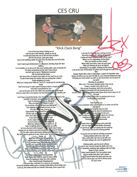 Ces Cru Signed Autographed Klick Clack Bang Lyric Sheet Hip Hop Rapper ACOA COA