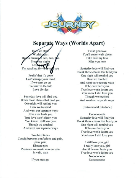 Ross Valory Signed Autograph Journey "Separate Ways" Lyric Sheet COA