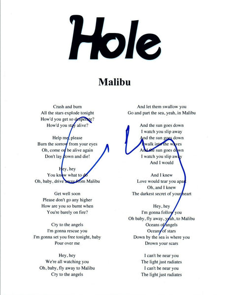 Courtney Love Signed Autographed Hole MALIBU Song Lyric Sheet COA