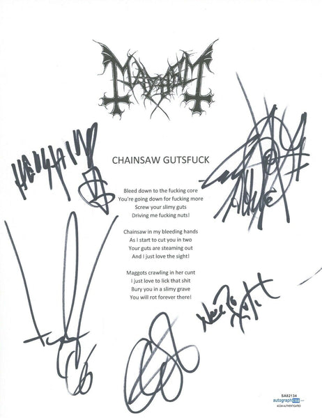 Mayhem Metal Band Signed Chainsaw Guts Lyric Sheet Attila Csihar +4 ACOA COA