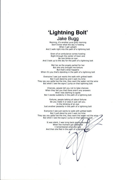Jake Bugg Signed Autographed "Lightning Bolt" Music Lyric Sheet  COA VD