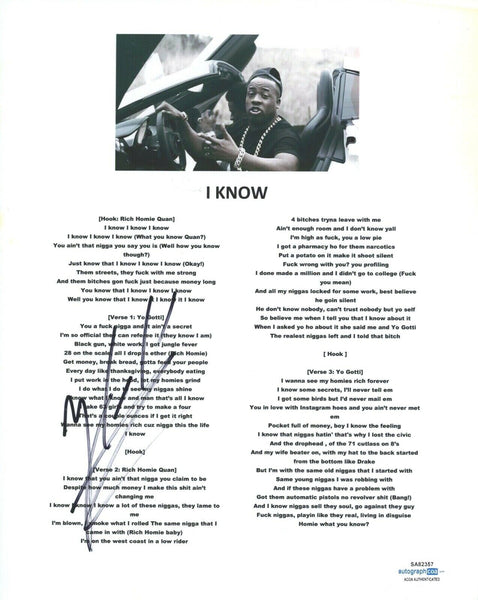 Yo Gotti Signed Autographed I Know Song Lyric Sheet Rapper Hip Hop ACOA COA