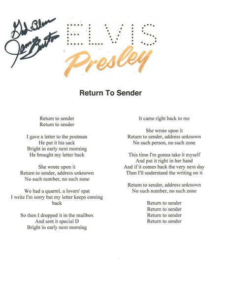 James Burton Signed Elvis Presley RETURN TO SENDER Lyric Sheet Guitarist COA